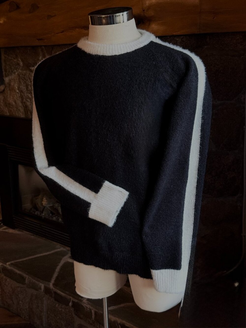 Black Fuzzy Knit Sweater with Ivory contrast trim, Cozy, Oversized, Soft